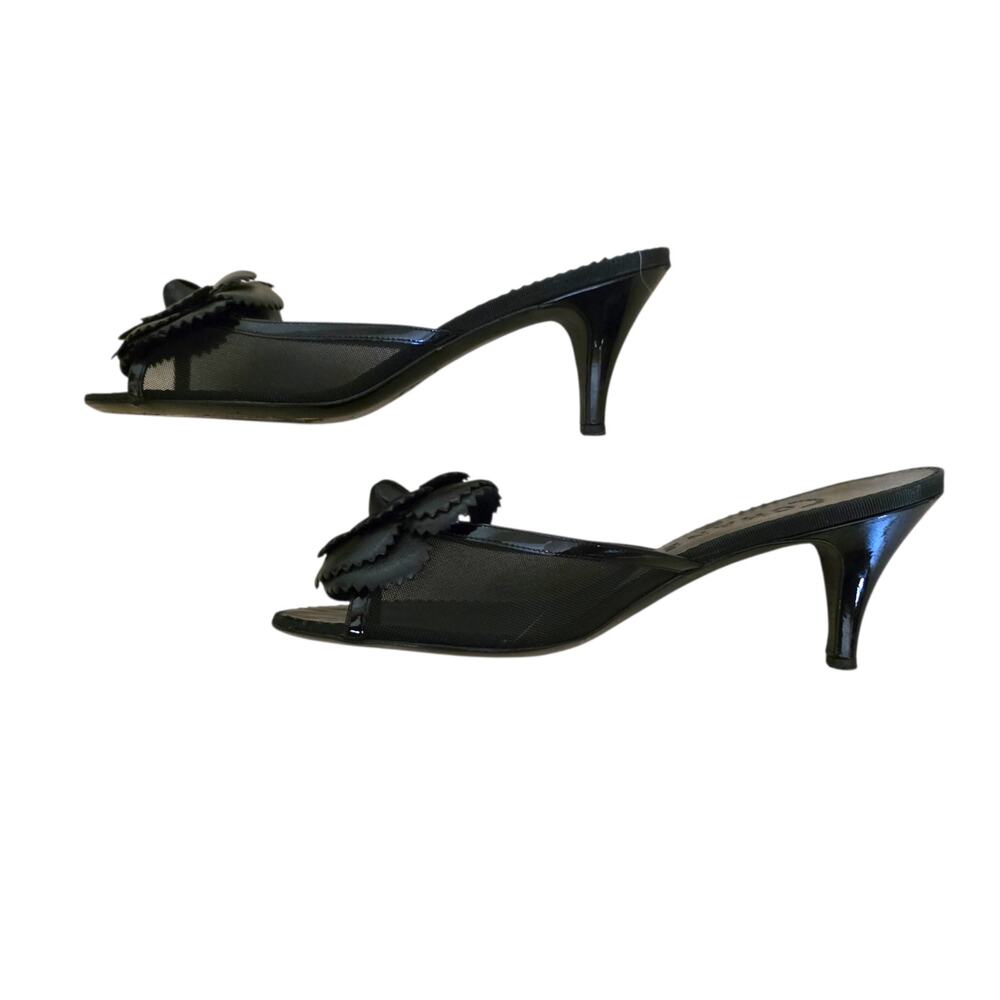 Chanel Vintage 2007 Camellia CC Logo Black Mesh Leather Mules IT 37 US 6.5 - Picture 4 of 12
